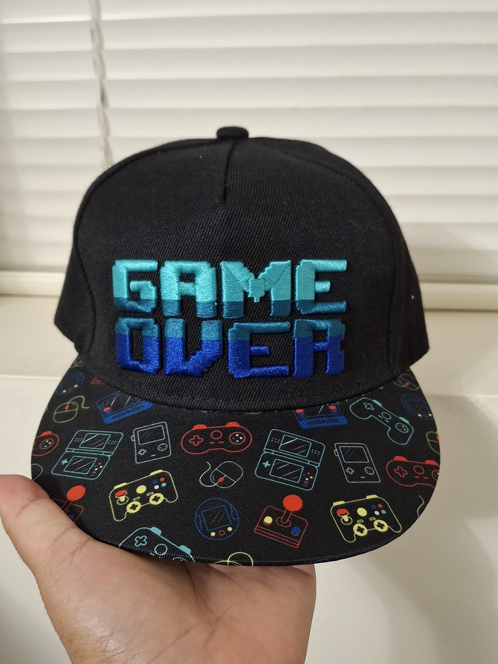 Youth Game Over Pixel Embroidered Snapback Hat with Gaming Print Brim